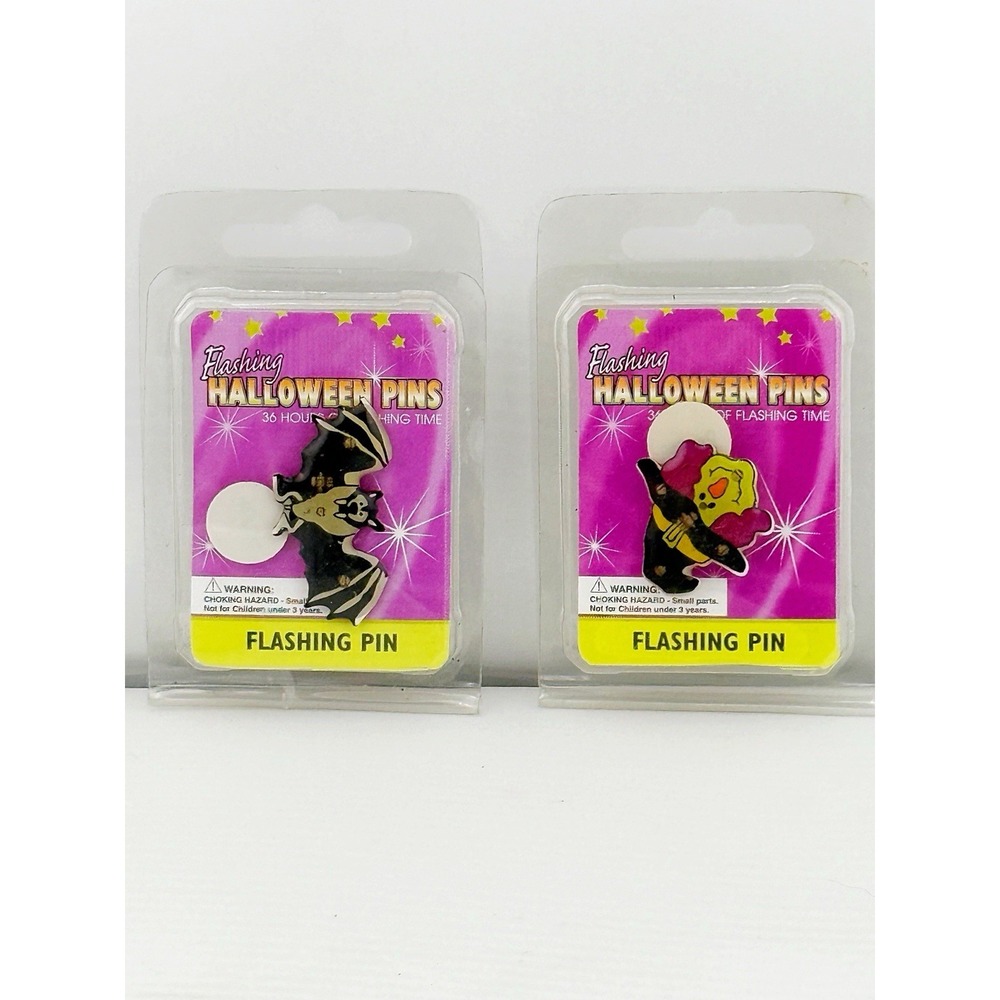 Vintage 1980's Halloween Flashing Pins Set Of Two. Includes A Witch And A Bat.
